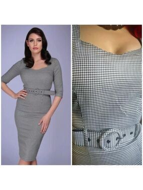 Collectif Katya Belted 50's Pencil Dress in Houndstooth Print Black and White